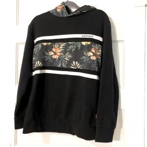 Asphalt Black Pullover Hoodie with Floral Design- Medium